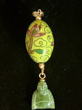 Vintage Green Floral Cloisonné & Hand-carved Jade Buddha Pendant